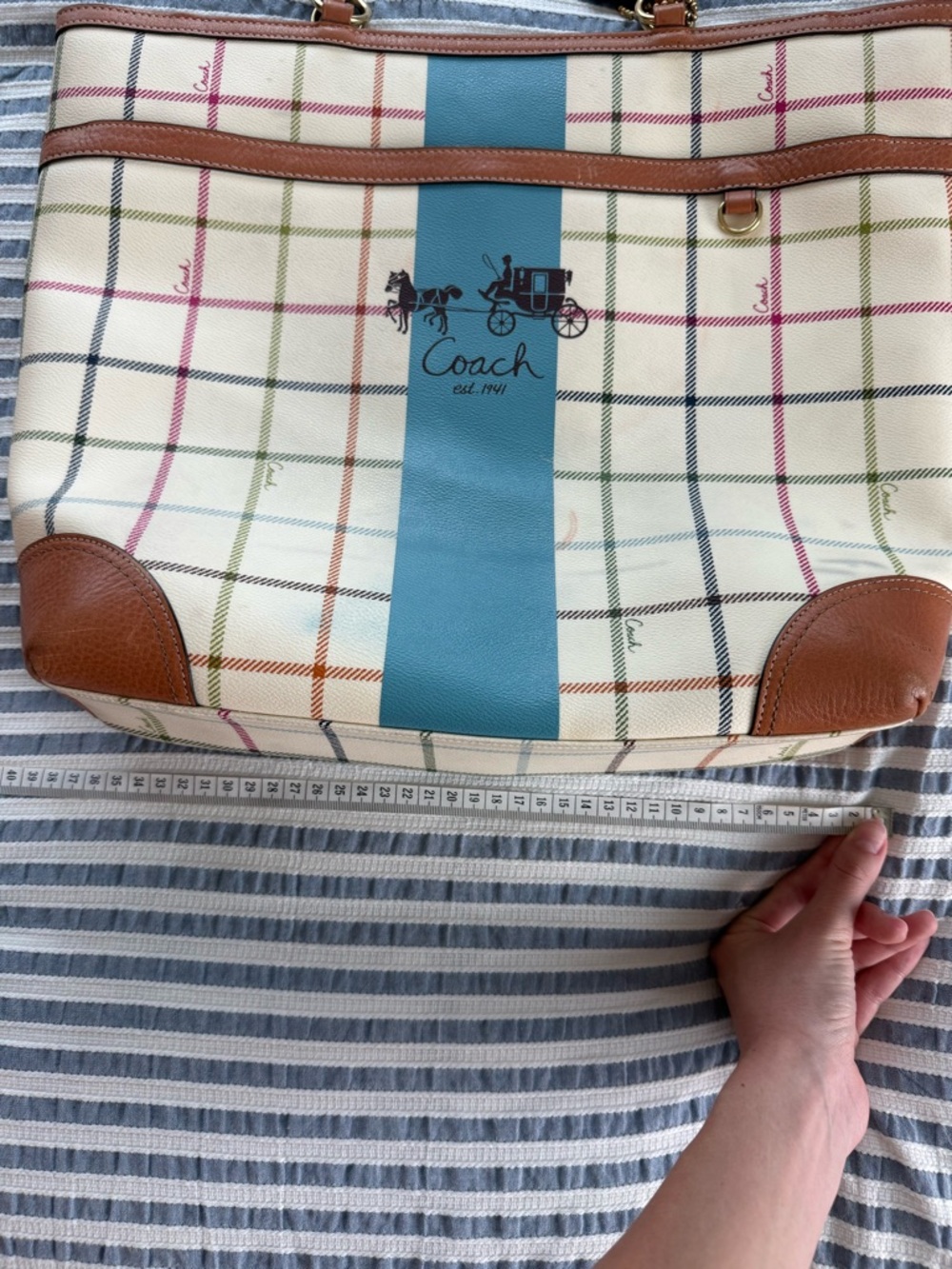 2008 Coach Heritage Cream Plaid Tote with Teal Center Stripe and Brown Trim - Picture 9 of 9